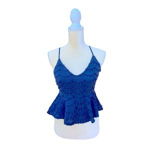LUSH Nordstrom Navy Blue Eyelet Lace Peplum Sleeveless Backless Top Women's Sz S